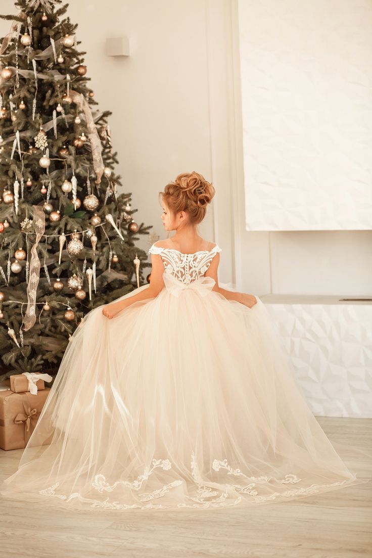 Cute Lace Tulle Flower Girl Dress Cap Sleeves