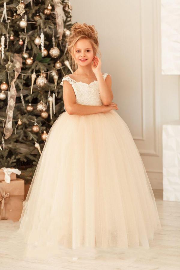 Cute Lace Tulle Flower Girl Dress Cap Sleeves