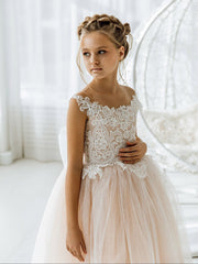 Cute Sleeveless Floral Lace Champagne Flower Girl Dress