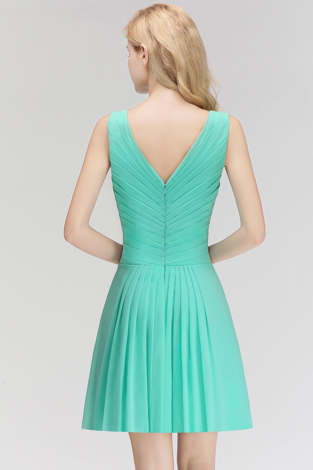 Cute V-Neck Sleeveless Short Chiffon Affordable Bridesmaid Dresswith Ruffle