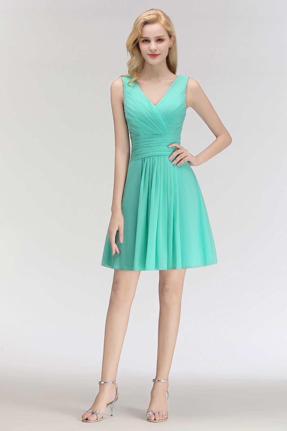 Cute V-Neck Sleeveless Short Chiffon Affordable Bridesmaid Dresswith Ruffle