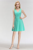 Cute V-Neck Sleeveless Short Chiffon Affordable Bridesmaid Dresswith Ruffle