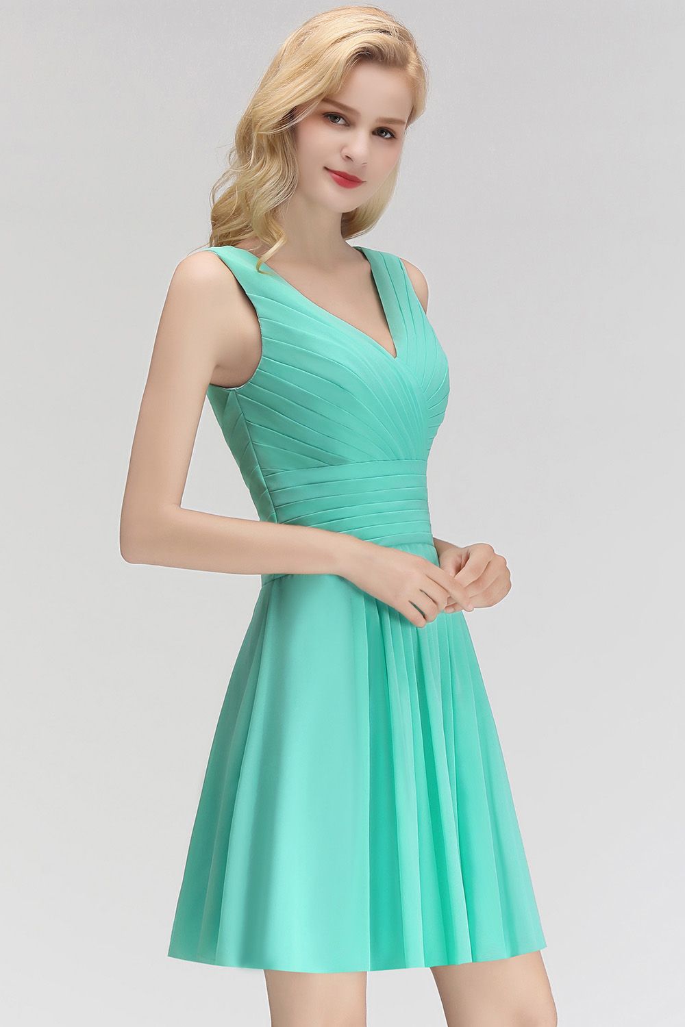 Cute V-Neck Sleeveless Short Chiffon Affordable Bridesmaid Dresswith Ruffle