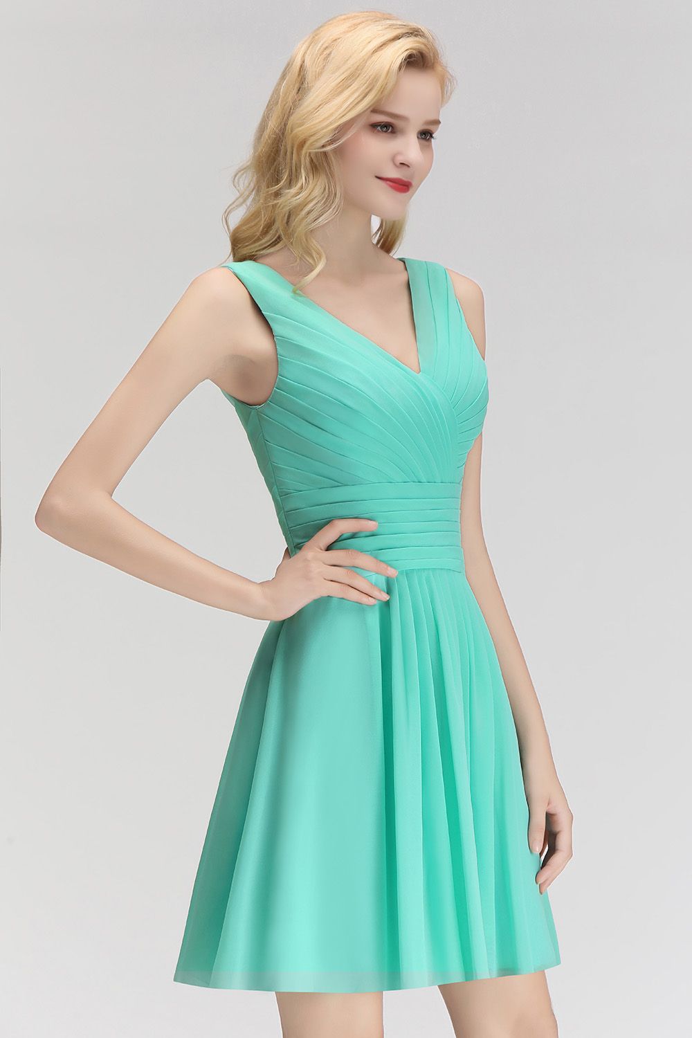 Cute V-Neck Sleeveless Short Chiffon Affordable Bridesmaid Dresswith Ruffle