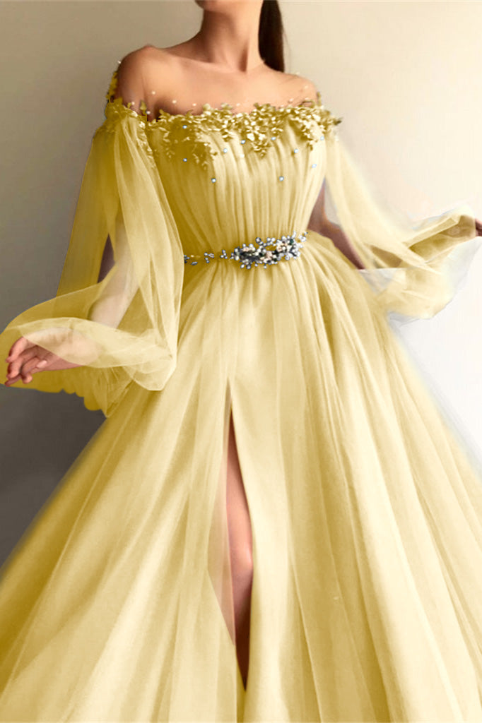 Newinlook Long Sleeves Off-the-Shoulder Evening Dress With Beads