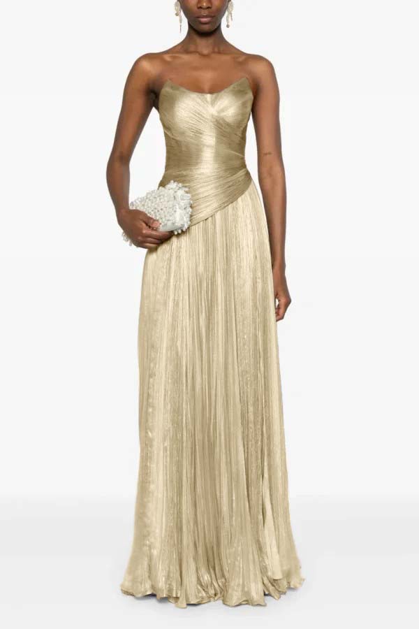 Chic Strapless Sleeveless Long Formal Dress With Ruffles Pleated