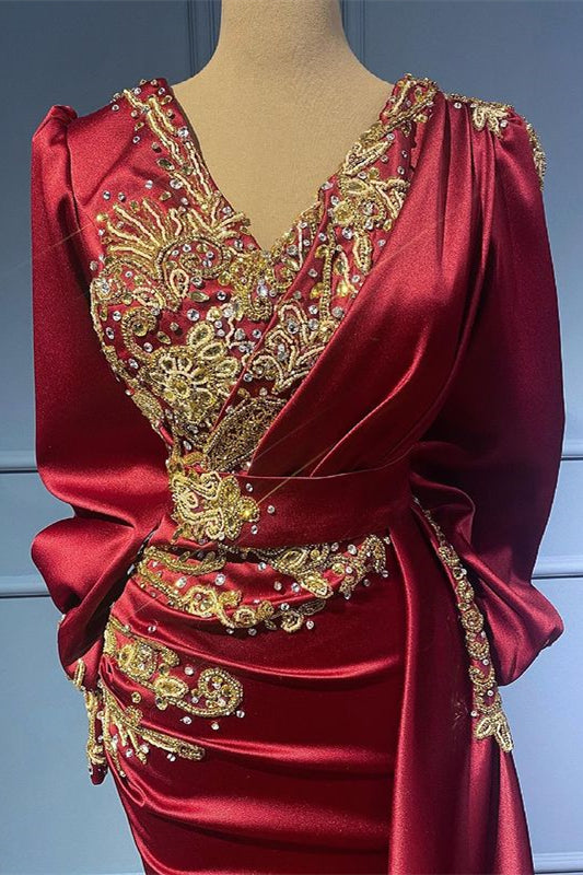 Newinlook Burgundy Mermaid Long Sleeves Beads Ruffles Evening Dress With Appliques