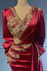 Newinlook Burgundy Mermaid Long Sleeves Beads Ruffles Evening Dress With Appliques
