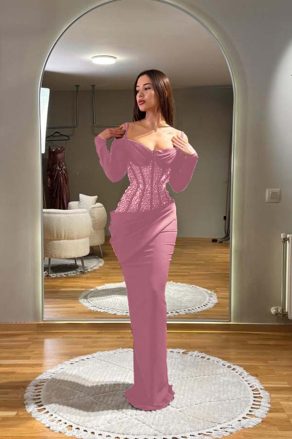 Off the Shoulder Long Sleeves Long Formal Dress With Sequins Pleated