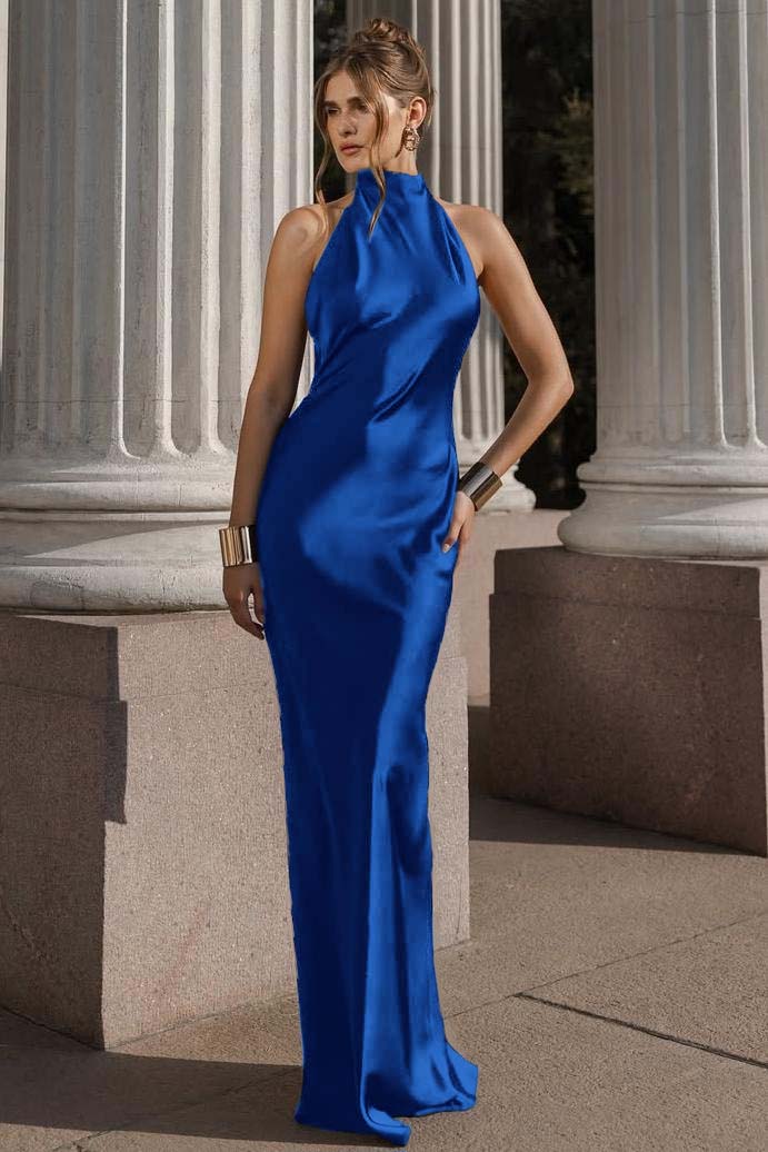 Halter Sleeveless Backless Mermaid Long Formal Dress With Pleated