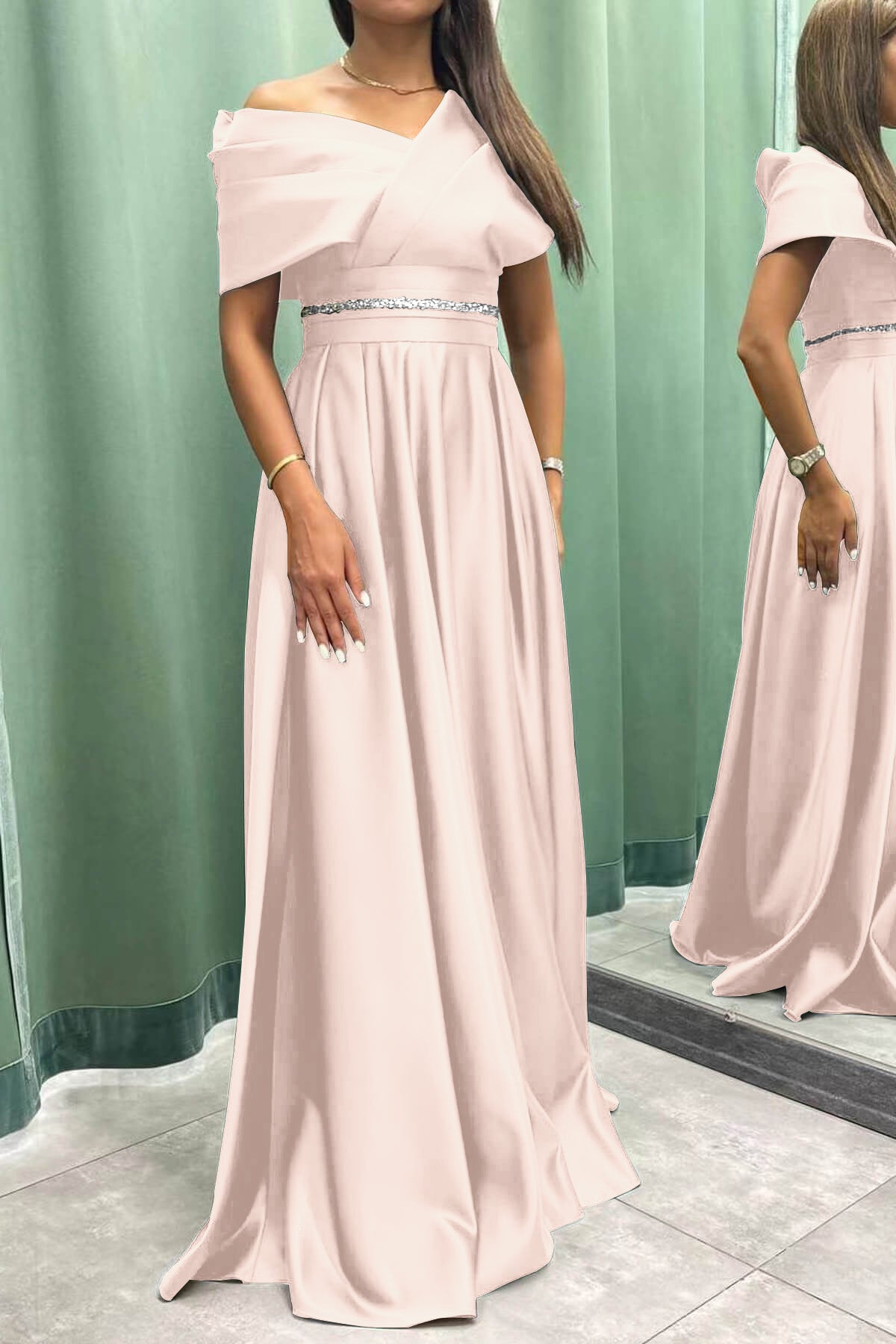 Newinlook Long Elegant Evening Dress Pleat Off-The-Shoulder