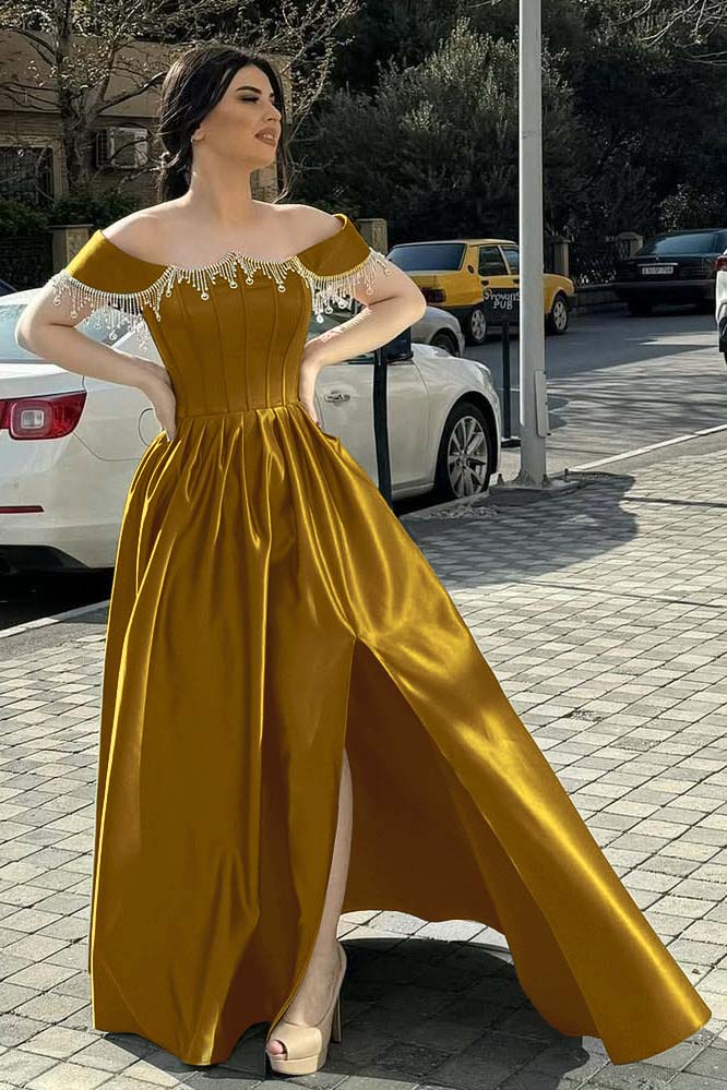 Off the Shoulder Sleeveless Long Split Formal Dress With Pleated Beading