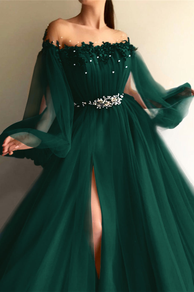 Newinlook Long Sleeves Off-the-Shoulder Evening Dress With Beads