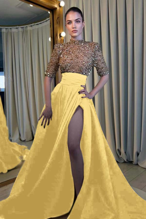 Black And Champagne Long Formal Dress Half Sleeves With High Slit