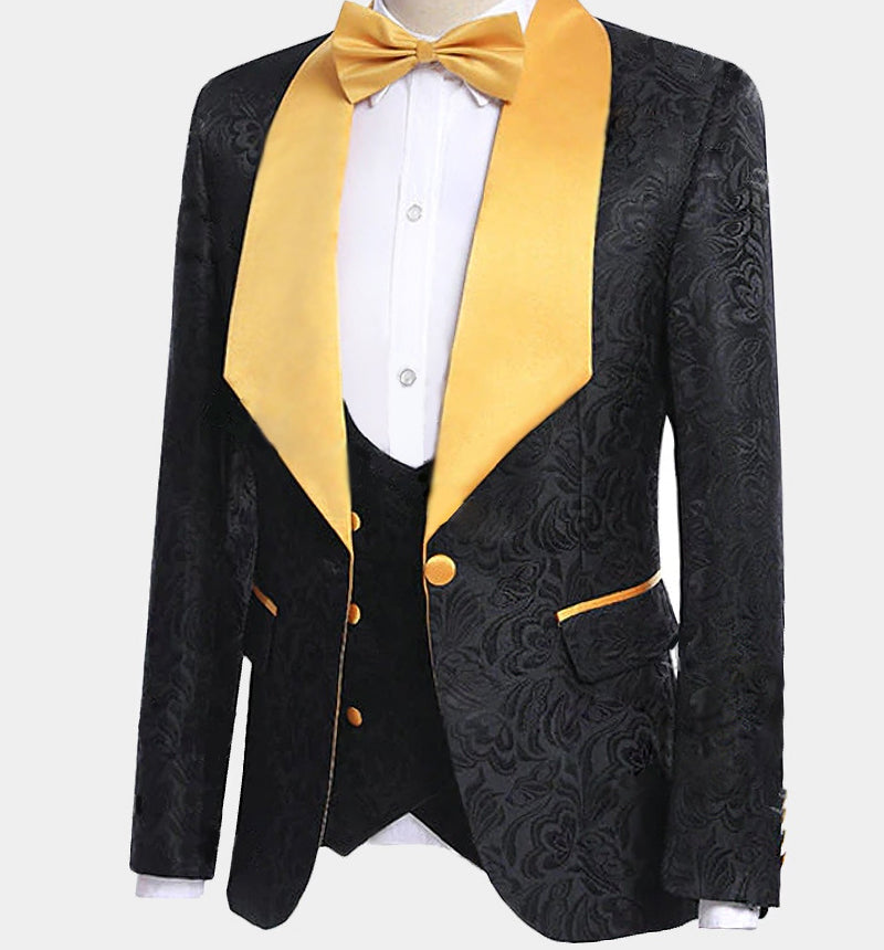 Newinlook Gold Three Piece Shawl Lapel Black Jacquard Suit for Men's Wedding