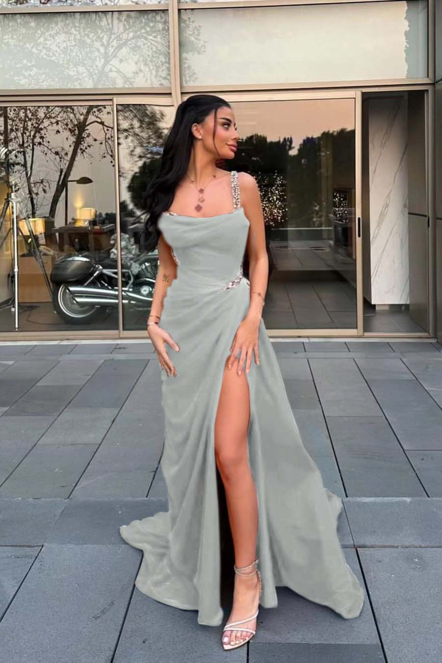Spaghetti Strap Sleeveless Long Formal Dress With Split Beading
