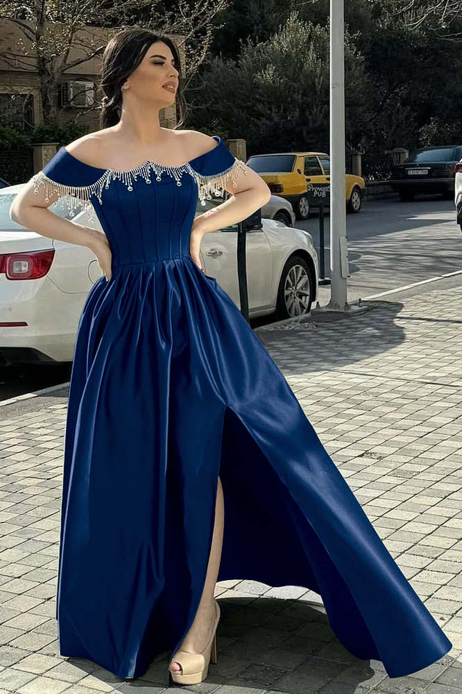 Off the Shoulder Sleeveless Long Split Formal Dress With Pleated Beading