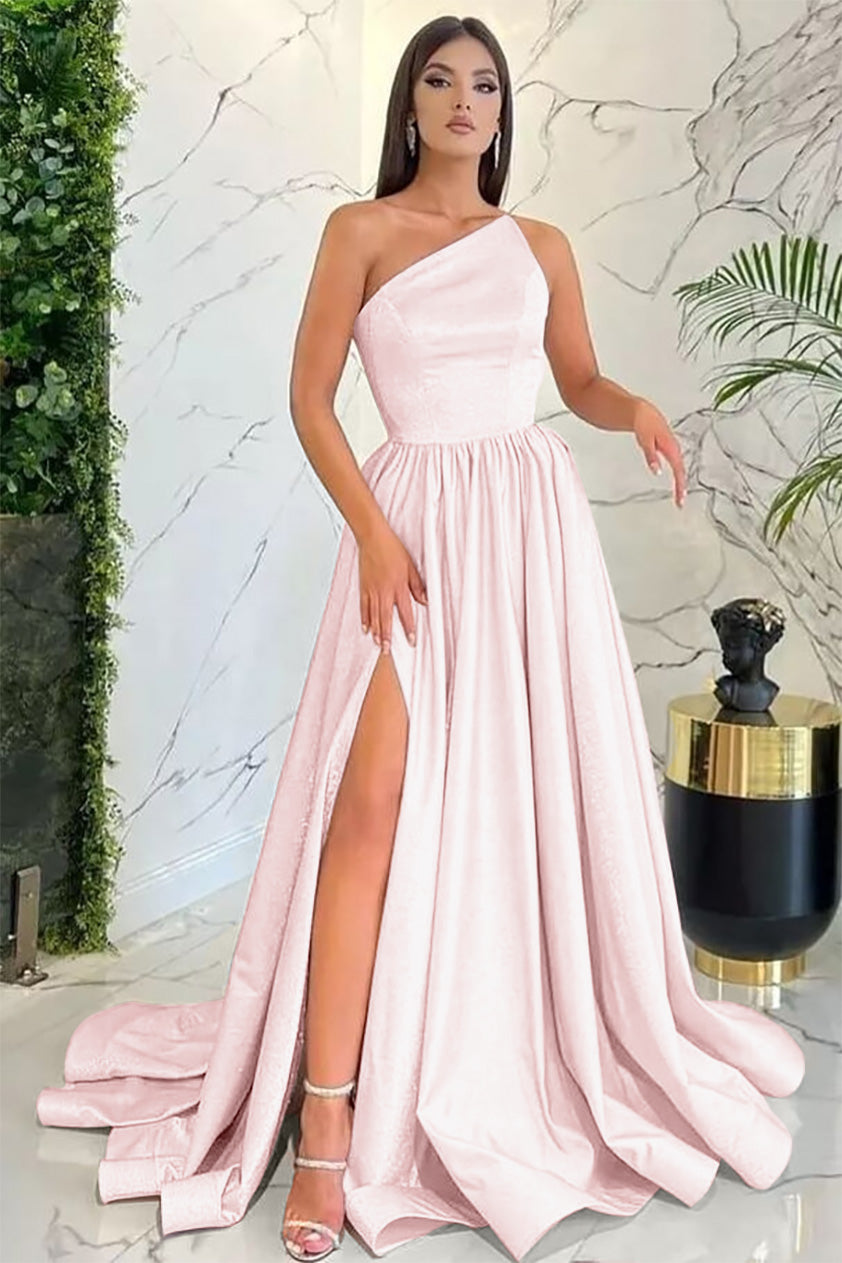 Newinlook Modest Light Pink One Shoulder Sleeveless Evening Dress With Split