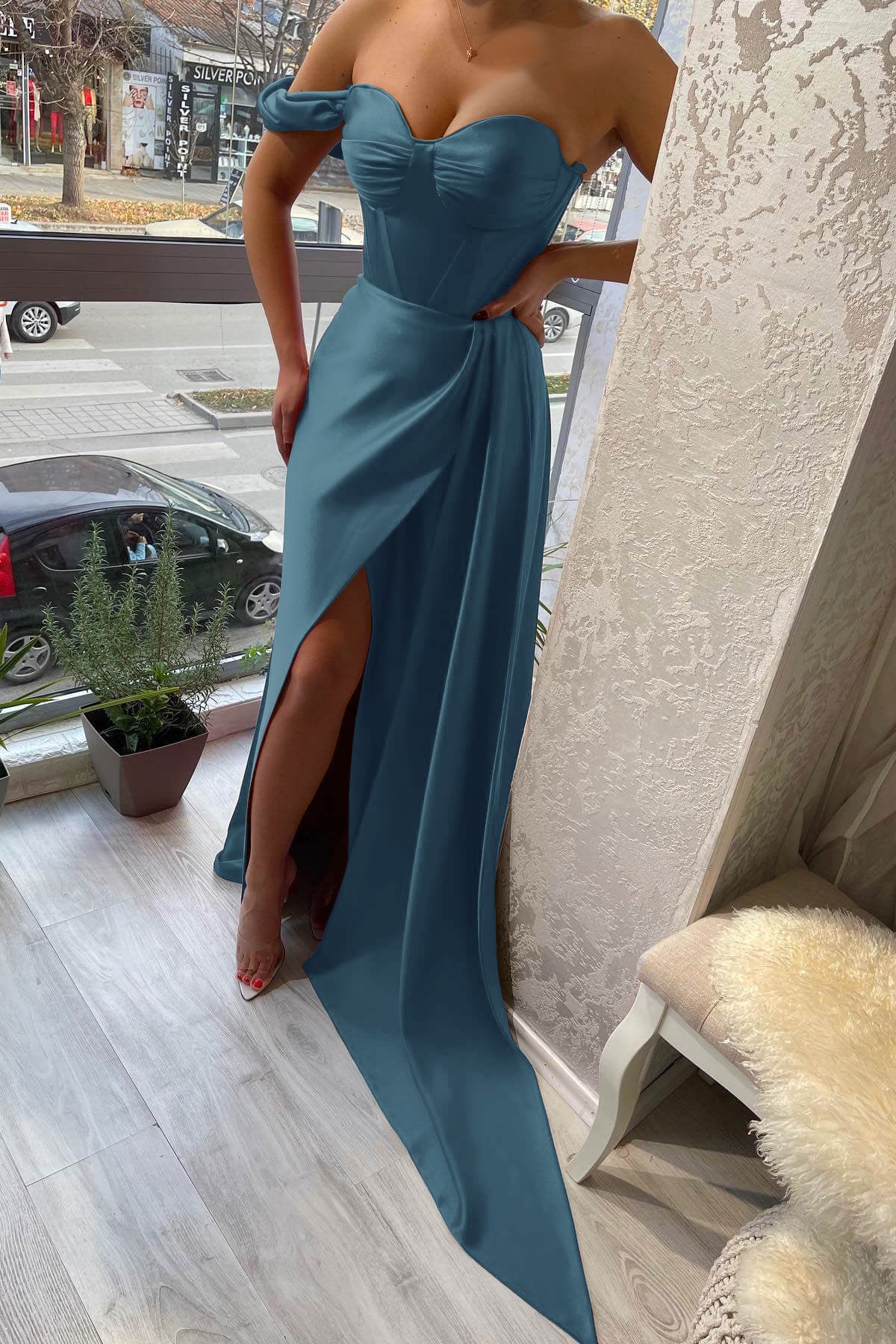 Newinlook Classic One Shoulder Slit Strapless Sweetheart Evening Dress With Ruffle