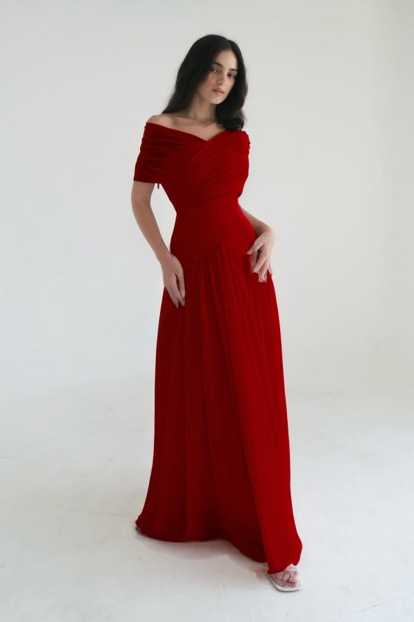 Chiffon Off the Shoulder Sleeveless Long Formal Dress With Pleated