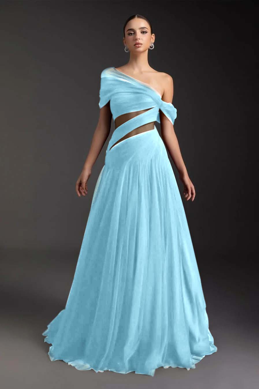 Glamorous Tulle One Shoulder Sleeveless Long Formal Dress With Pleated