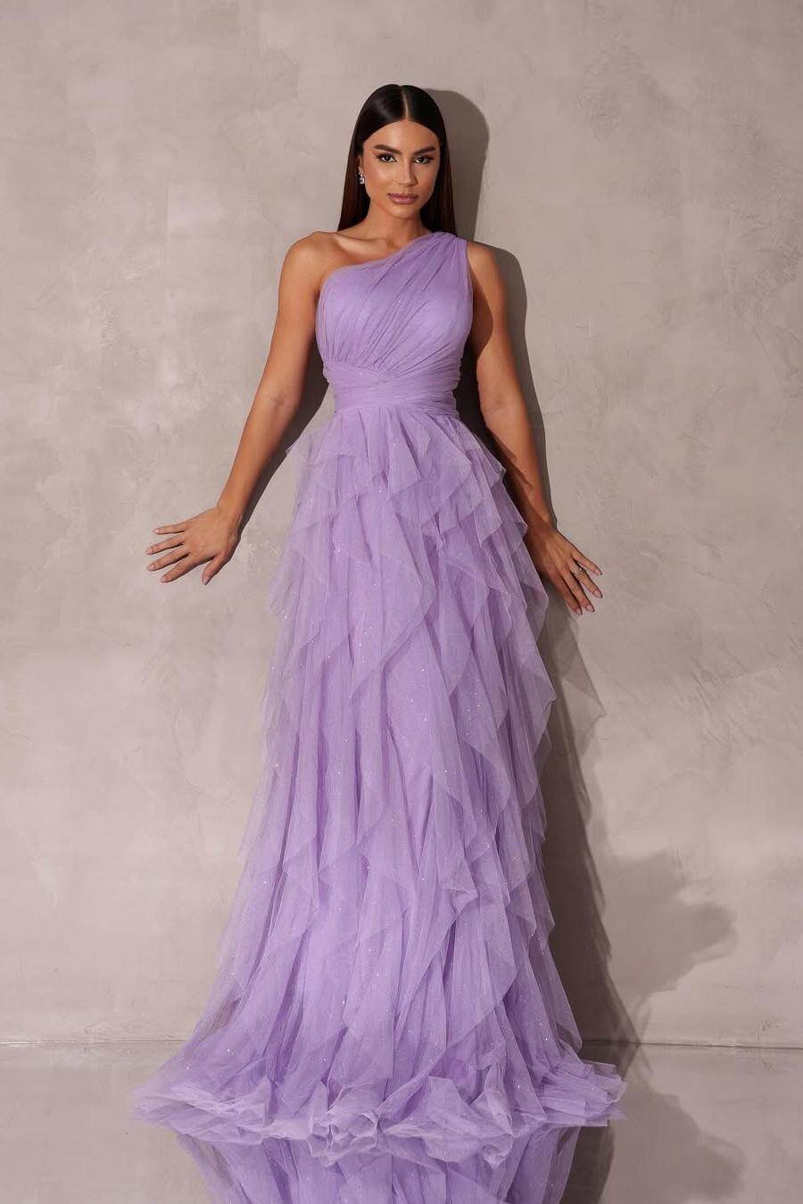 Chic One Shoulder Sleeveless Long Formal Dress With Tulle Ruffle