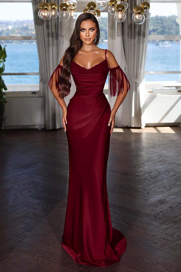 Newinlook Luxury Hot Pink Spaghetti Strap Mermaid Long Evening Dress With Chic Tassels and Sequins