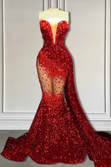 Elegant Red Long Mermaid Style Formal Dresses with Sweetheart Sequins and Ruffle