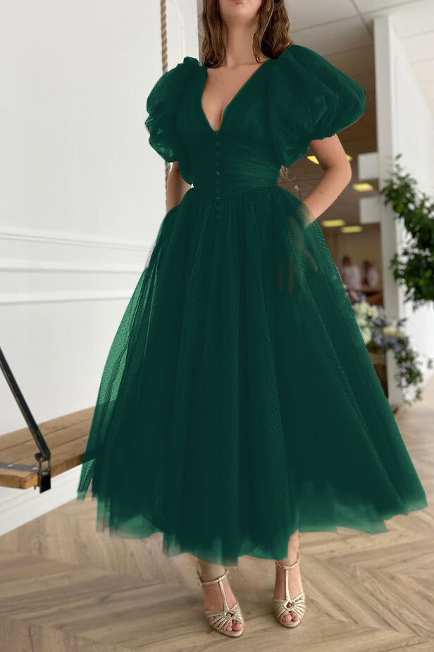 Newinlook Dark Green Evening Dress A-Line With Short Sleeves V-Neck