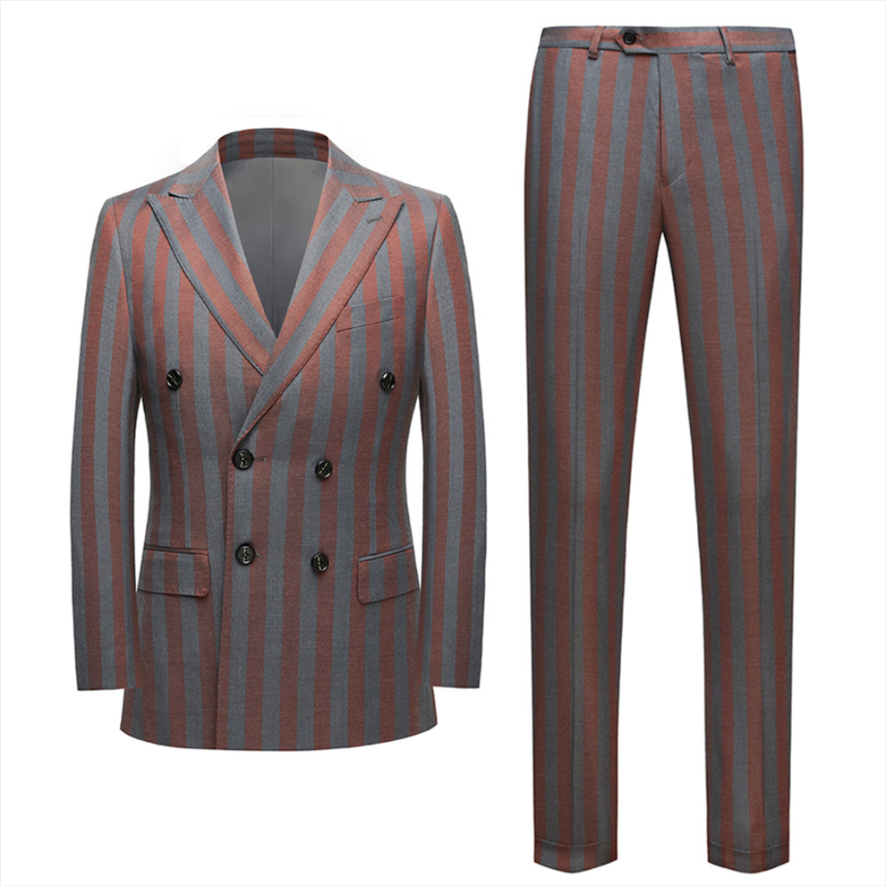 Newinlook Casual Red and Gray Striped Summer Wedding Suit with Double-Breasted Style