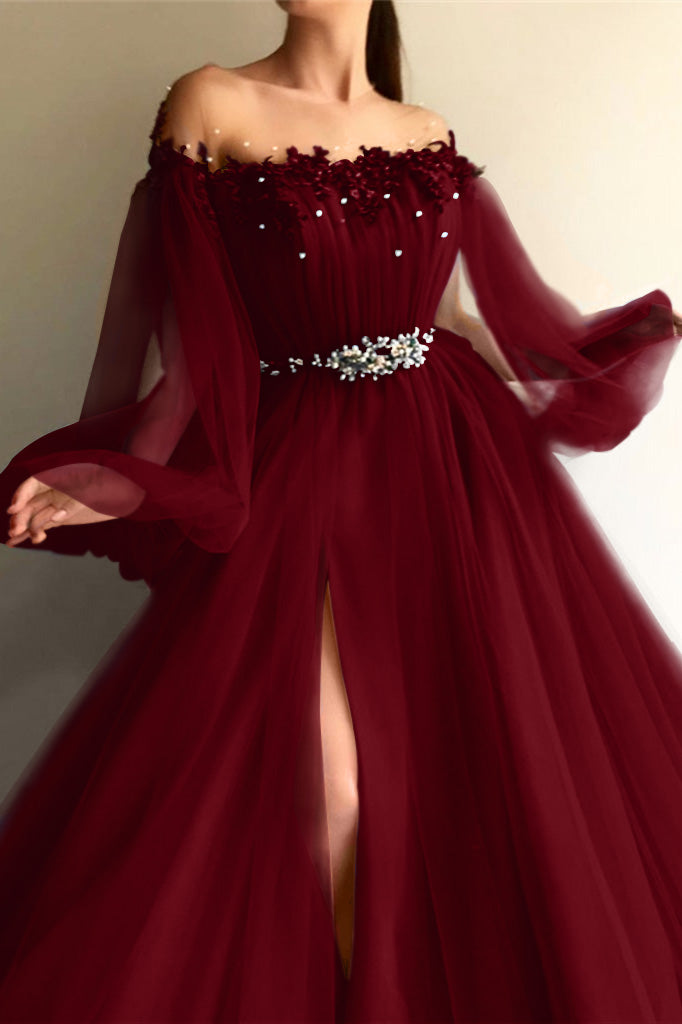 Newinlook Long Sleeves Off-the-Shoulder Evening Dress With Beads