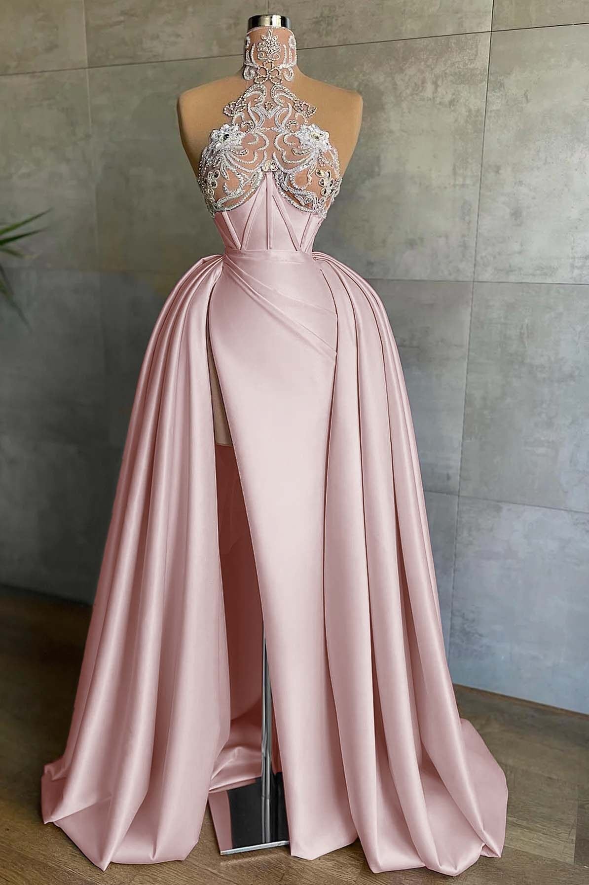 Halter Sleeveless Mermaid Split Long Formal Dress With Appliques