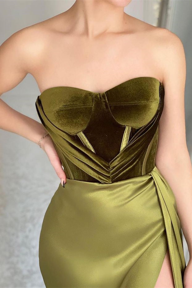 Newinlook Olive Green Mermaid Strapless Evening Dress With Split
