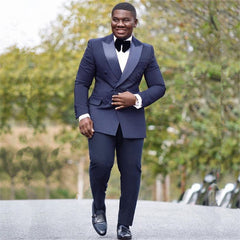 Newinlook Stylish Navy Blue Silk Lapel Reception Suit, Double Slim Fit with Peaked Lapel