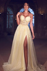 Daffodil Spagetti-Straps Prom Dress Split Long With Appliques
