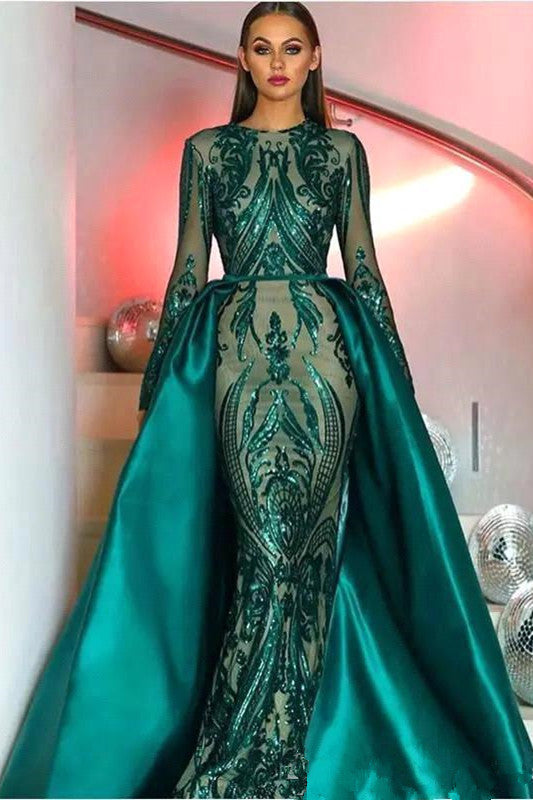 Dark Green Long Sleeves Mermaid Prom Dress Detachable Skirt Sequins