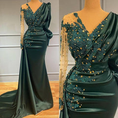 Dark Green Long Sleeves Prom Dress Mermaid With Beadings