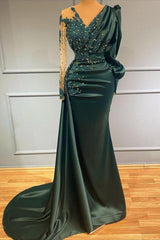 Dark Green Long Sleeves Prom Dress Mermaid With Beadings