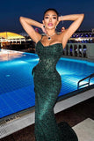 Dark Green Sequins Prom Dresses Mermaid Slit Long Sweetheart