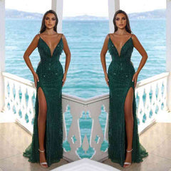 Dark green Sleeveless Prom Dress Mermaid Slit With Sequins Beads