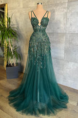 Dark Green Sleeveless Tulle Prom Dresses Long With Appliques Beads