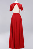 Dark Navy Open-Back Long Bridesmaid Dress With Short Sleeves