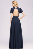 Dark Navy Open-Back Long Bridesmaid Dress With Short Sleeves