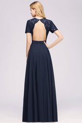 Dark Navy Open-Back Long Bridesmaid Dress With Short Sleeves