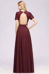 Dark Navy Open-Back Long Bridesmaid Dress With Short Sleeves