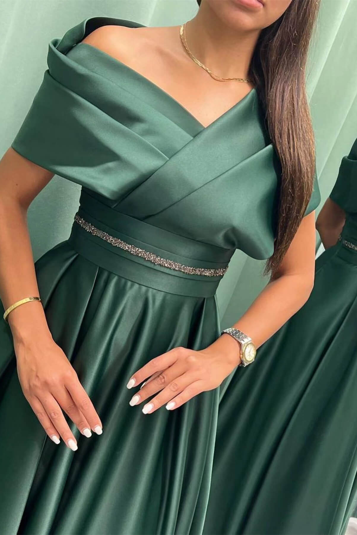 Newinlook Long Elegant Evening Dress Pleat Off-The-Shoulder
