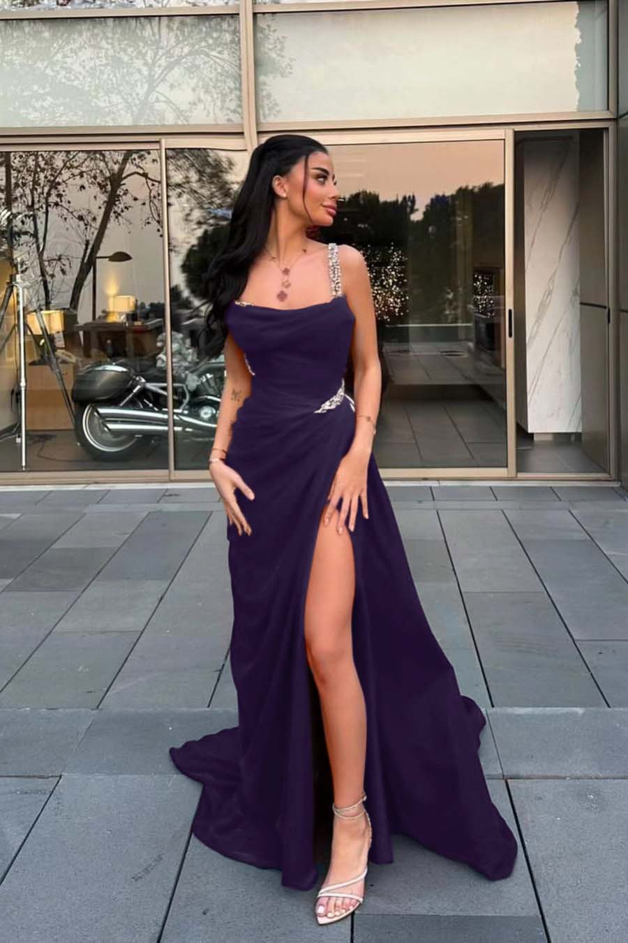 Spaghetti Strap Sleeveless Long Formal Dress With Split Beading
