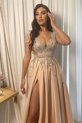 Newinlook Formal V-Neck Short Sleeves Split Evening Dress With Appliques