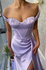 Newinlook Stunning Lilac Off-The-Shoulder Slit Evening Dress Long With Ruffle