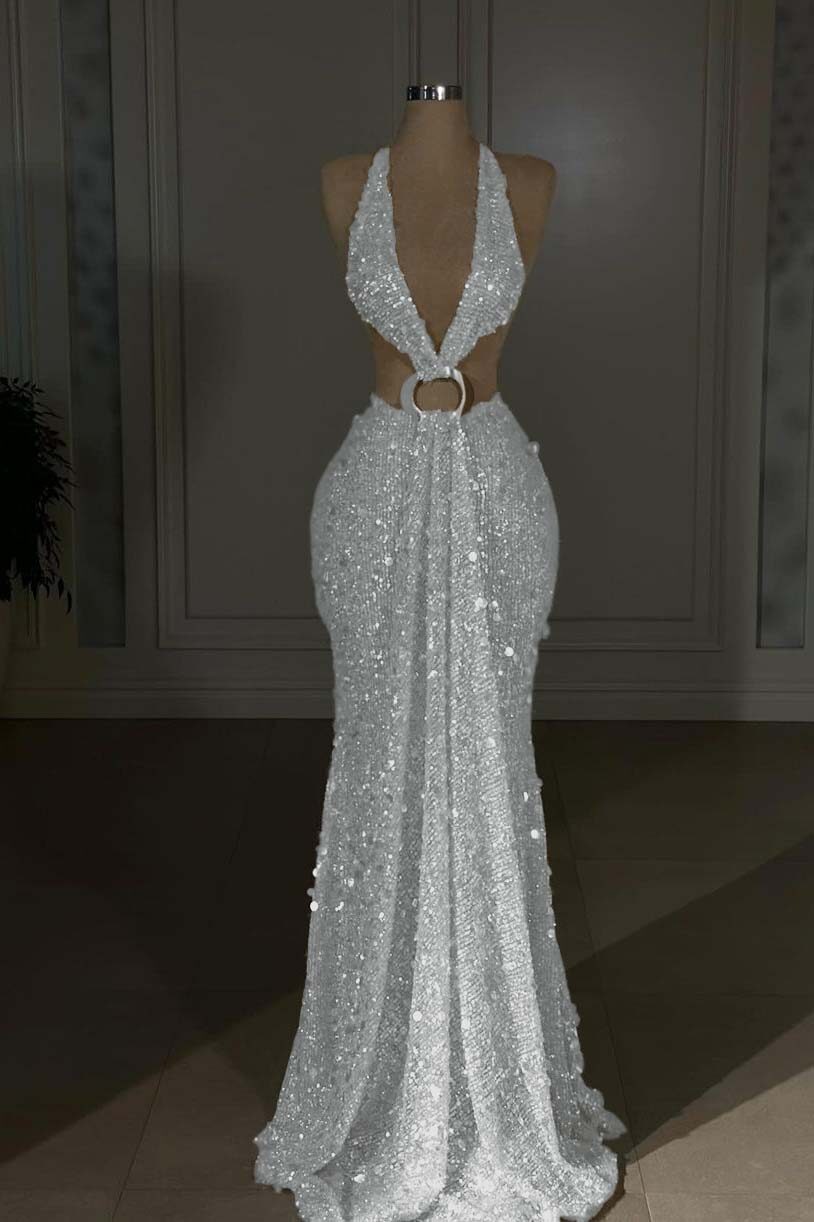 Halter Sleeveless Backless Long Mermaid Formal Dress With Sequins